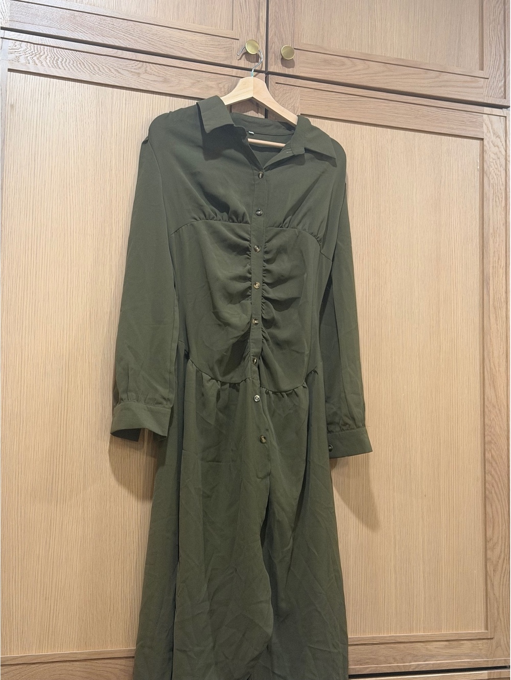 Olive Green Ruched Button Front Long Sleeve Maxi Dress – Size L